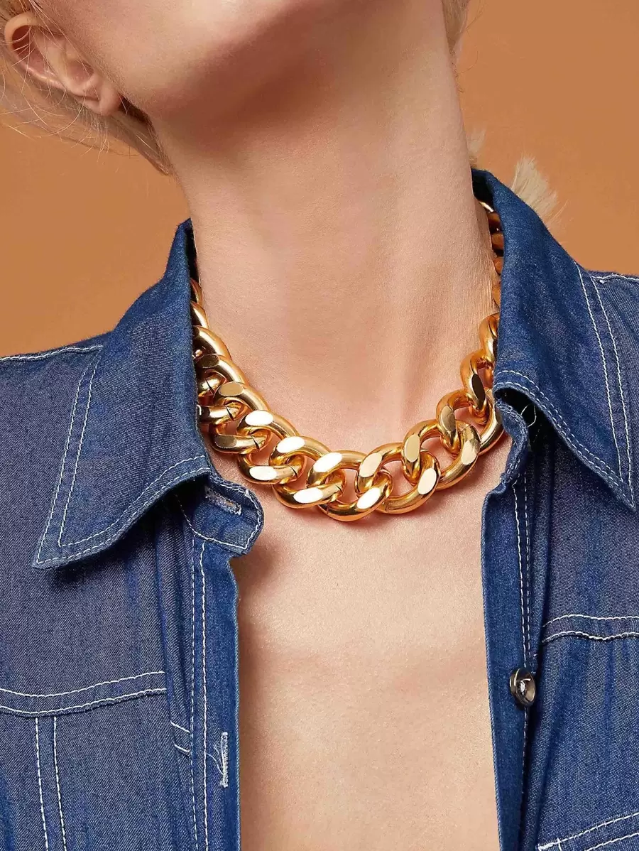 1pc Women Fashion Metallic Chunky Punk Style Chain Necklace - Yellow Gold - View 1