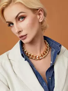 1pc Women Fashion Metallic Chunky Punk Style Chain Necklace - Yellow Gold - View 4