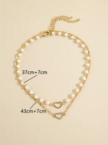 2pcs Rhinestone Heart Decor Faux Pearl Necklace Valentines,Mom,Mother,Mother's Day,Gift - Yellow Gold - View 4