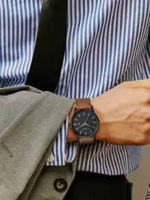 TOMI Men Minimalist Round Pointer Date Quartz Watch As A Gift For Students Returning To School - Mocha Brown - View 2