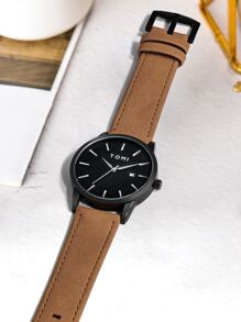 TOMI Men Minimalist Round Pointer Date Quartz Watch As A Gift For Students Returning To School - Mocha Brown - View 5
