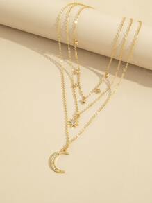 Rhinestone Moon & Star Layered Pendant Necklace