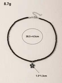 Flower Charm Beaded Necklace Valentines - Black - View 3