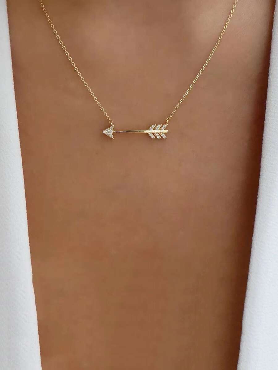 Rhinestone Arrow Pendant Necklace - Yellow Gold - View 1