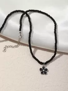 Flower Charm Beaded Necklace Valentines - Black - View 4