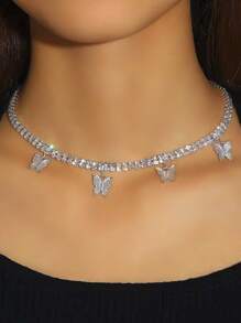 Rhinestone Decor Butterfly Charm Necklace - Silver - View 1