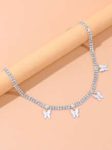 Rhinestone Decor Butterfly Charm Necklace - Silver - View 2