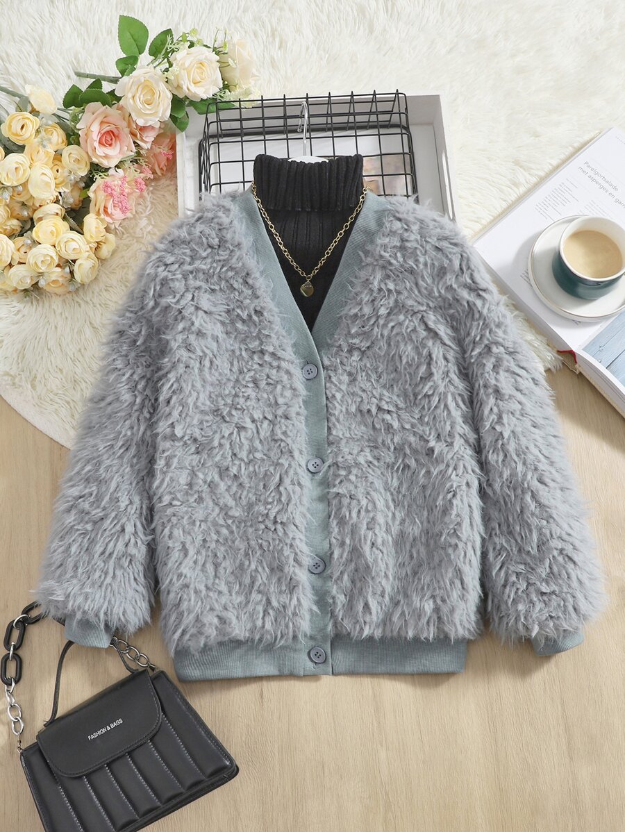 SHEIN Girls 1pc Contrast Trim Fuzzy Coat - Light Grey - View 1