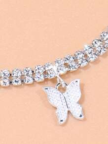 Rhinestone Decor Butterfly Charm Necklace - Silver - View 3