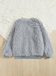 SHEIN Girls 1pc Contrast Trim Fuzzy Coat - Light Grey - View 2
