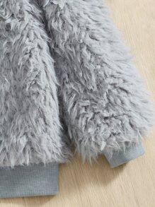 SHEIN Girls 1pc Contrast Trim Fuzzy Coat - Light Grey - View 3