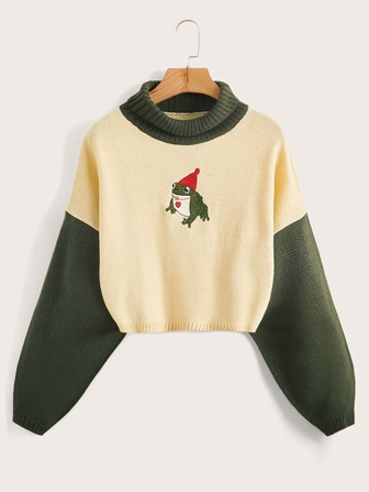 Maglione con ricamo rana color block