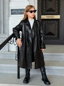 SHEIN 女孩雙排釦腰帶PU皮革風衣外套
