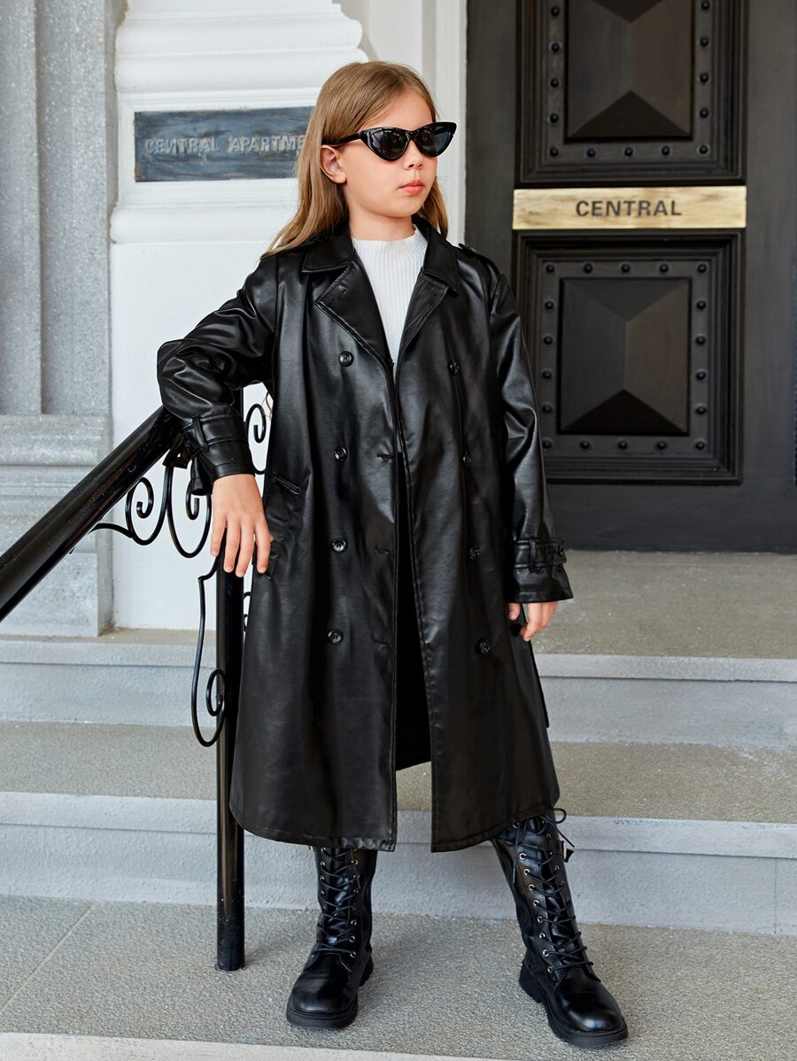 SHEIN 女孩雙排釦腰帶PU皮革風衣外套