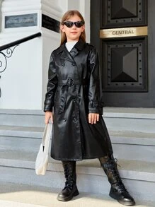 SHEIN 女孩雙排釦腰帶PU皮革風衣外套