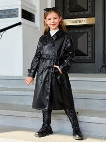 SHEIN 女孩雙排釦腰帶PU皮革風衣外套