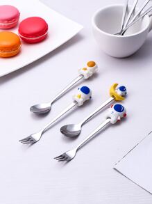 1 pieza Cuchara y 1 pieza Tenedor con diseño de astronauta de dibujos animados, Tenedor de cena, Tenedor de acero inoxidable, Tenedor de mesa, Cubiertos, Acabado y apto para lavavajillas, Uso en el hogar, cocina o restaurante - Multicolor - Ver 1