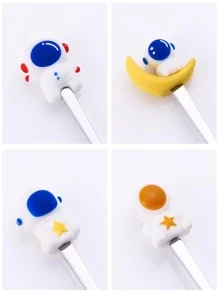 1 pieza Cuchara y 1 pieza Tenedor con diseño de astronauta de dibujos animados, Tenedor de cena, Tenedor de acero inoxidable, Tenedor de mesa, Cubiertos, Acabado y apto para lavavajillas, Uso en el hogar, cocina o restaurante - Multicolor - Ver 3