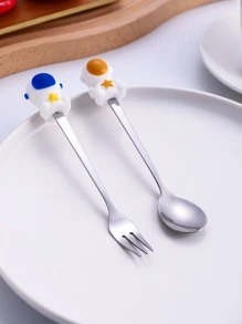 1 pieza Cuchara y 1 pieza Tenedor con diseño de astronauta de dibujos animados, Tenedor de cena, Tenedor de acero inoxidable, Tenedor de mesa, Cubiertos, Acabado y apto para lavavajillas, Uso en el hogar, cocina o restaurante - Multicolor - Ver 4