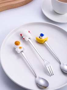 1 pieza Cuchara y 1 pieza Tenedor con diseño de astronauta de dibujos animados, Tenedor de cena, Tenedor de acero inoxidable, Tenedor de mesa, Cubiertos, Acabado y apto para lavavajillas, Uso en el hogar, cocina o restaurante - Multicolor - Ver 7