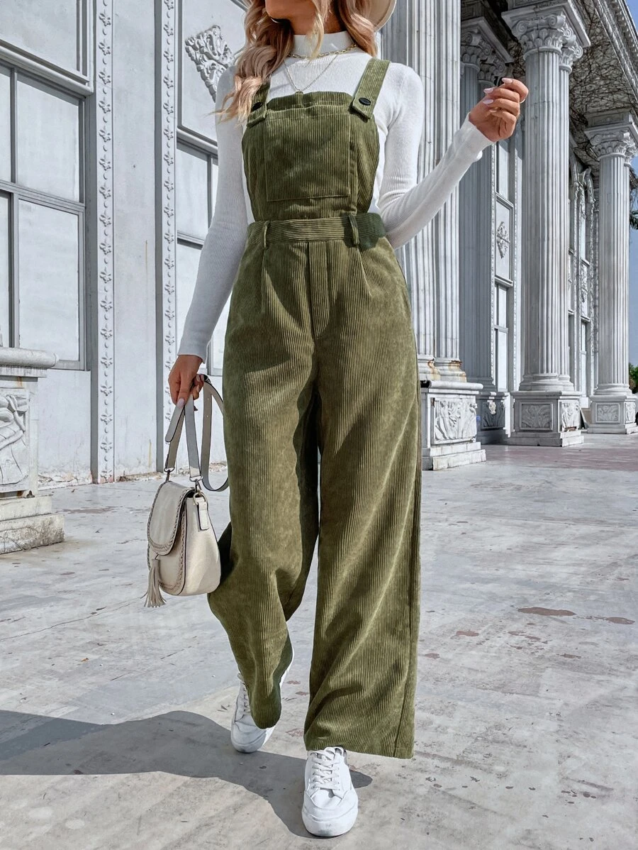 SHEIN Essnce Pocket Front Overall Jumpsuit Without Jumper - Army Green - View 1