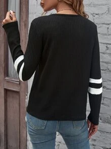 SHEIN LUNE Áo thun nữ Gân đan Nút phía trước Sọc Giải trí - màu đen - Xem 2