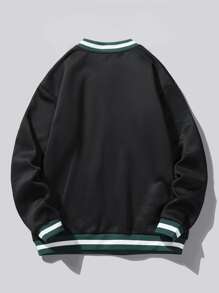 ROMWE MEN Academia Men Letter Graphic Striped Trim Thermal Sweatshirt - Black - View 5