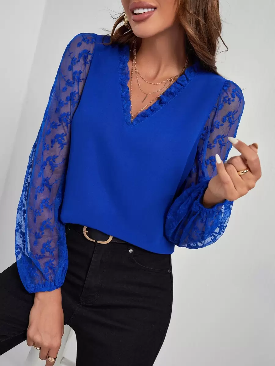 SHEIN Frenchy 花卉刺繡網紗燈籠袖襯衫