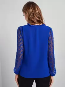 SHEIN Frenchy 花卉刺繡網紗燈籠袖襯衫 - 寶藍色 - 查看 3