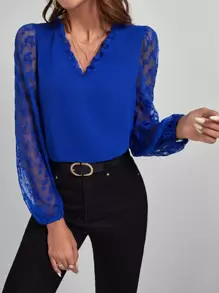 SHEIN Frenchy 花卉刺繡網紗燈籠袖襯衫 - 寶藍色 - 查看 5