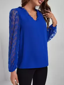 SHEIN Frenchy 花卉刺繡網紗燈籠袖襯衫 - 寶藍色 - 查看 6