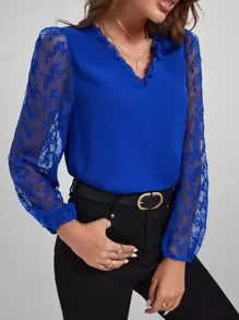 SHEIN Frenchy 花卉刺繡網紗燈籠袖襯衫 - 寶藍色 - 查看 7