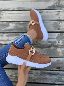 Chain Decor Slip-On Running Shoes,Women's Brown Elastic Slouchy Shoes With Metal Chain Decoration Fashionable Outdoor Casual Shoes - Brown - View 2