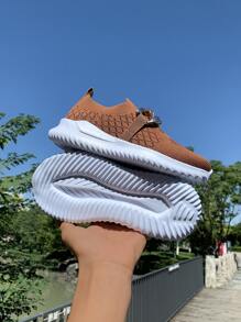 Chain Decor Slip-On Running Shoes,Women's Brown Elastic Slouchy Shoes With Metal Chain Decoration Fashionable Outdoor Casual Shoes - Brown - View 4