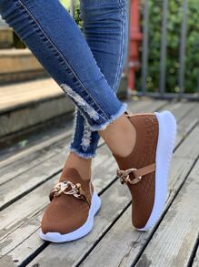 Chain Decor Slip-On Running Shoes,Women's Brown Elastic Slouchy Shoes With Metal Chain Decoration Fashionable Outdoor Casual Shoes - Brown - View 5