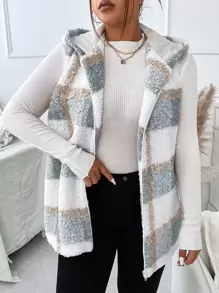 Calvaya Plus Plaid Pattern Teddy Vest Coat - Dusty Blue - View 1