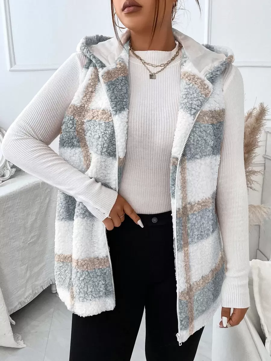 Calvaya Plus Plaid Pattern Teddy Vest Coat - Dusty Blue - View 1