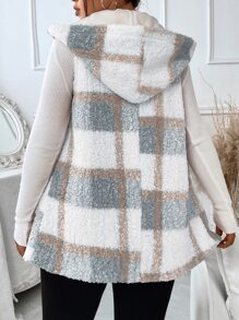 Calvaya Plus Plaid Pattern Teddy Vest Coat - Dusty Blue - View 2
