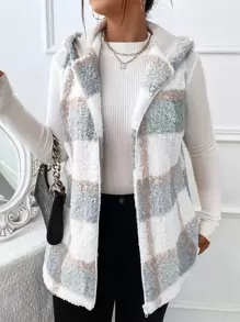 Calvaya Plus Plaid Pattern Teddy Vest Coat - Dusty Blue - View 3