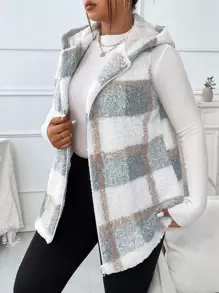 Calvaya Plus Plaid Pattern Teddy Vest Coat - Dusty Blue - View 5