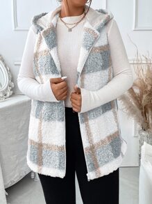 Calvaya Plus Plaid Pattern Teddy Vest Coat - Dusty Blue - View 6