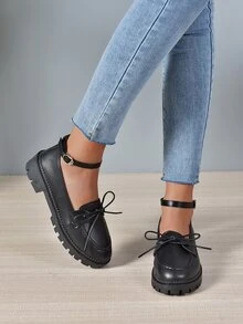 Giày bệt Nữ Nơ Bướm màu trơn Dây đeo mắt cá chân Sẵn sàng - màu đen - Xem 3