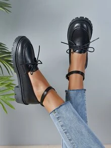 Giày bệt Nữ Nơ Bướm màu trơn Dây đeo mắt cá chân Sẵn sàng - màu đen - Xem 4