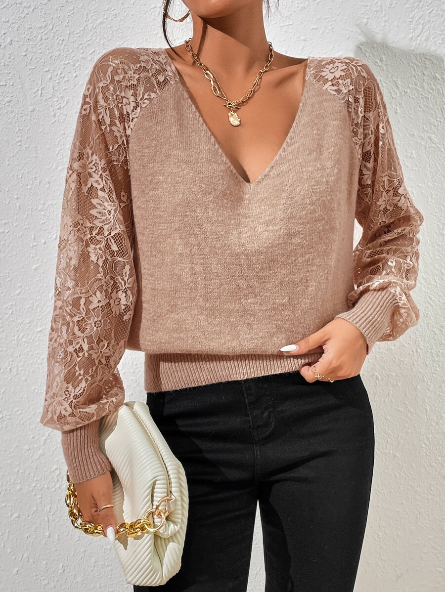 SHEIN Privé Jersey con encaje en contraste con abertura trasera de manga raglán escote V - Albaricoque - Ver 1