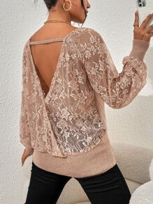 SHEIN Privé Jersey con encaje en contraste con abertura trasera de manga raglán escote V - Albaricoque - Ver 2