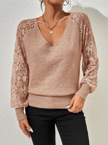 SHEIN Privé Jersey con encaje en contraste con abertura trasera de manga raglán escote V - Albaricoque - Ver 5