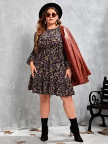 SHEIN Clasi Vestido con estampado floral de manga farol bajo con fruncido - Multicolor - Ver 1