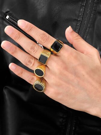 À La Mode Et Populaire 4 pièces Homme Ovale & À Détail Carré Anneau En Acier Inoxydable Pour Bijou Cadeau Et Pour A Élégant Look