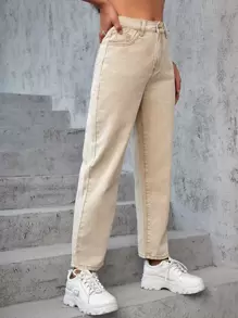 SHEIN EZwear High Waist Straight Leg Jeans - Khaki - View 1