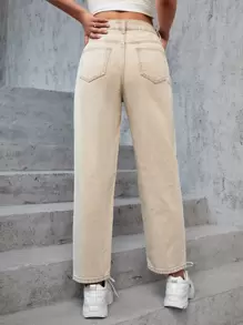 SHEIN EZwear High Waist Straight Leg Jeans - Khaki - View 2